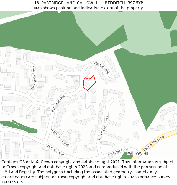 16, PARTRIDGE LANE, CALLOW HILL, REDDITCH, B97 5YP: Location map and indicative extent of plot