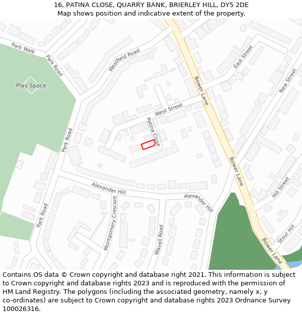 16, PATINA CLOSE, QUARRY BANK, BRIERLEY HILL, DY5 2DE: Location map and indicative extent of plot