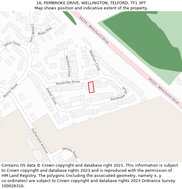 16, PEMBROKE DRIVE, WELLINGTON, TELFORD, TF1 3PT: Location map and indicative extent of plot