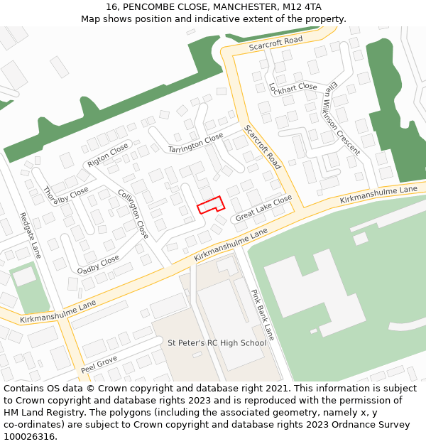 16, PENCOMBE CLOSE, MANCHESTER, M12 4TA: Location map and indicative extent of plot