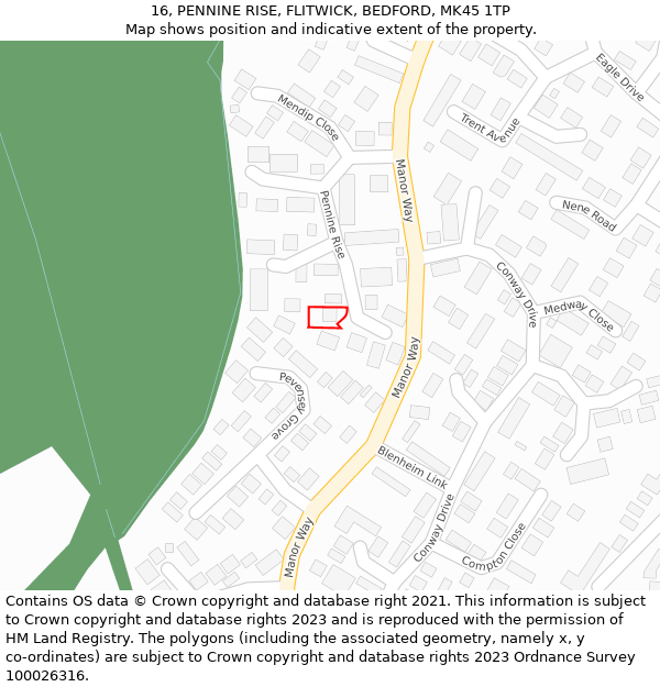 16, PENNINE RISE, FLITWICK, BEDFORD, MK45 1TP: Location map and indicative extent of plot