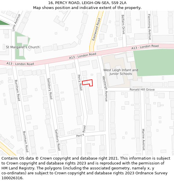 16, PERCY ROAD, LEIGH-ON-SEA, SS9 2LA: Location map and indicative extent of plot