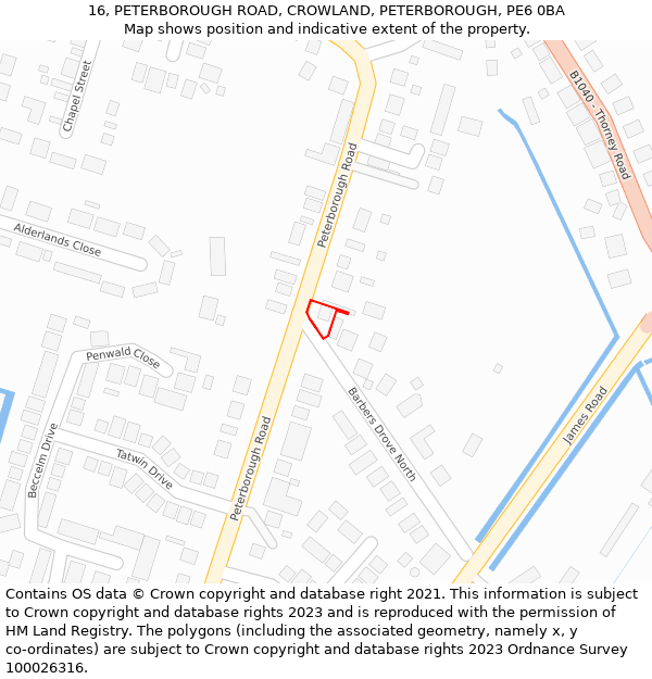 16, PETERBOROUGH ROAD, CROWLAND, PETERBOROUGH, PE6 0BA: Location map and indicative extent of plot