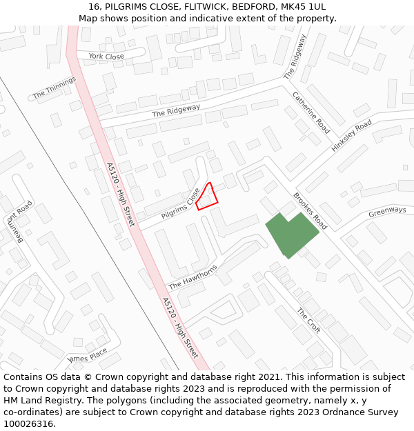 16, PILGRIMS CLOSE, FLITWICK, BEDFORD, MK45 1UL: Location map and indicative extent of plot