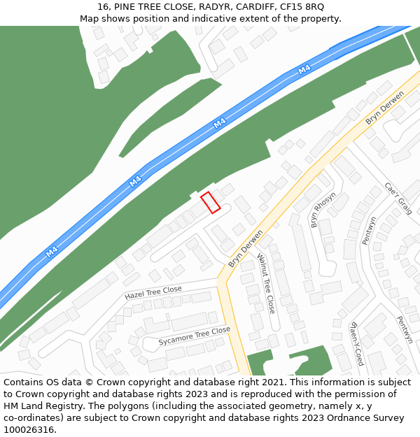 16, PINE TREE CLOSE, RADYR, CARDIFF, CF15 8RQ: Location map and indicative extent of plot