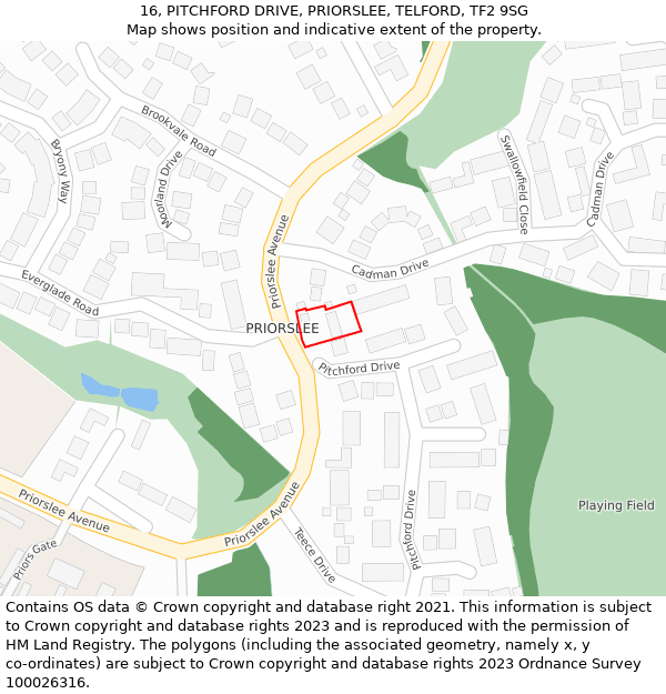 16, PITCHFORD DRIVE, PRIORSLEE, TELFORD, TF2 9SG: Location map and indicative extent of plot