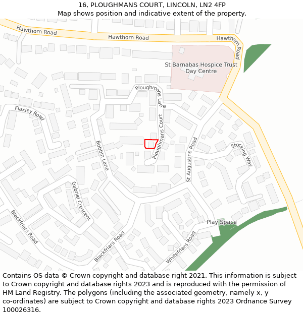 16, PLOUGHMANS COURT, LINCOLN, LN2 4FP: Location map and indicative extent of plot