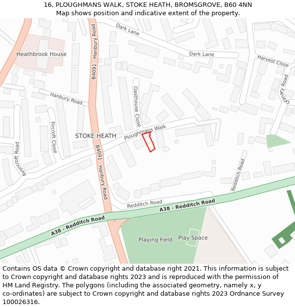 16, PLOUGHMANS WALK, STOKE HEATH, BROMSGROVE, B60 4NN: Location map and indicative extent of plot