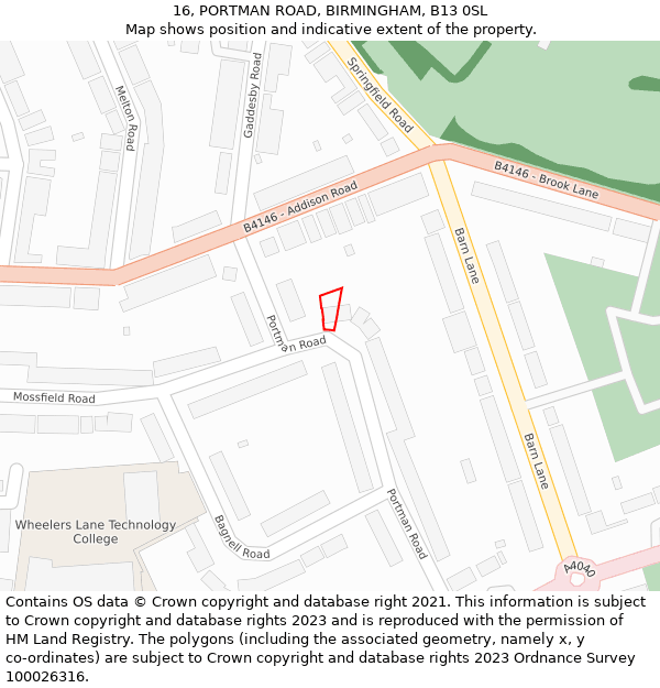 16, PORTMAN ROAD, BIRMINGHAM, B13 0SL: Location map and indicative extent of plot