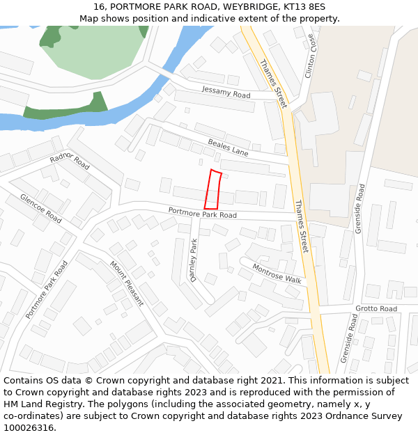 16, PORTMORE PARK ROAD, WEYBRIDGE, KT13 8ES: Location map and indicative extent of plot