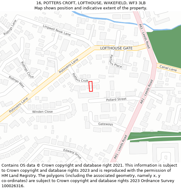 16, POTTERS CROFT, LOFTHOUSE, WAKEFIELD, WF3 3LB: Location map and indicative extent of plot