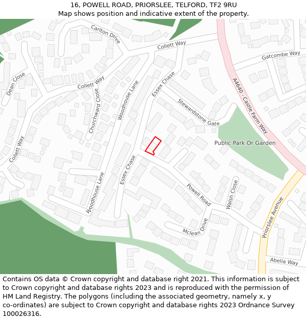 16, POWELL ROAD, PRIORSLEE, TELFORD, TF2 9RU: Location map and indicative extent of plot