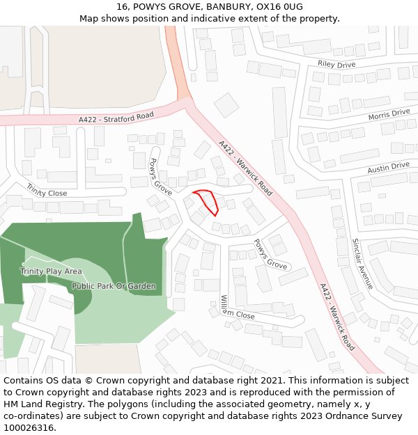 16, POWYS GROVE, BANBURY, OX16 0UG: Location map and indicative extent of plot