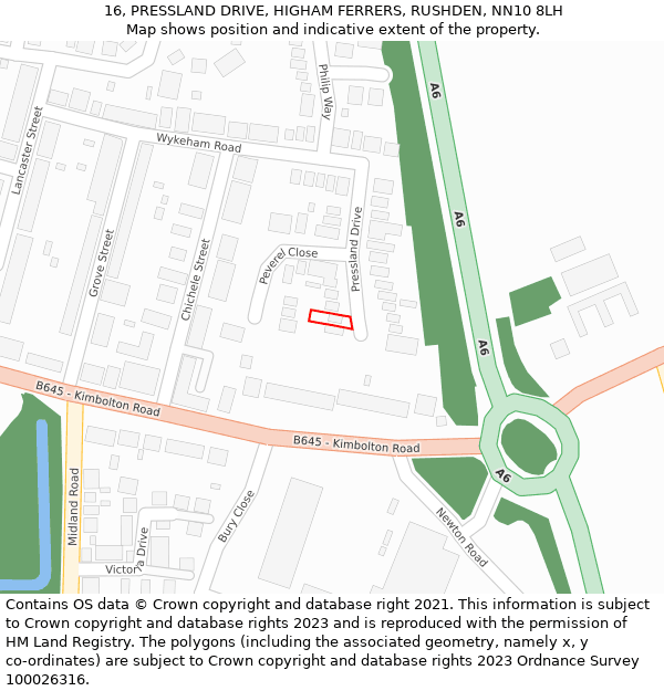 16, PRESSLAND DRIVE, HIGHAM FERRERS, RUSHDEN, NN10 8LH: Location map and indicative extent of plot