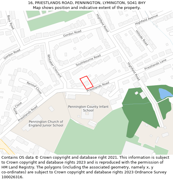 16, PRIESTLANDS ROAD, PENNINGTON, LYMINGTON, SO41 8HY: Location map and indicative extent of plot