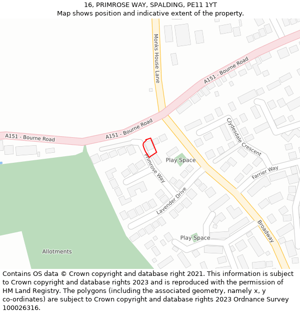 16, PRIMROSE WAY, SPALDING, PE11 1YT: Location map and indicative extent of plot