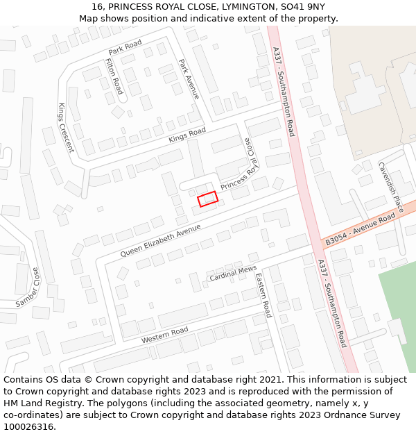 16, PRINCESS ROYAL CLOSE, LYMINGTON, SO41 9NY: Location map and indicative extent of plot