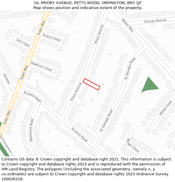 16, PRIORY AVENUE, PETTS WOOD, ORPINGTON, BR5 1JF: Location map and indicative extent of plot
