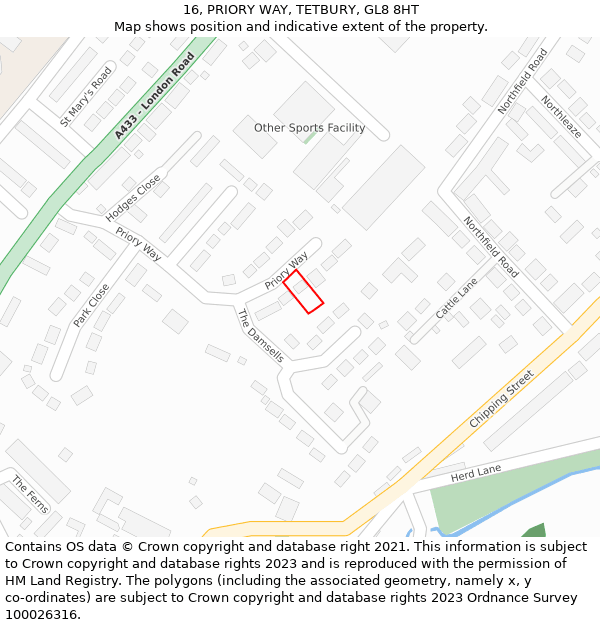 16, PRIORY WAY, TETBURY, GL8 8HT: Location map and indicative extent of plot