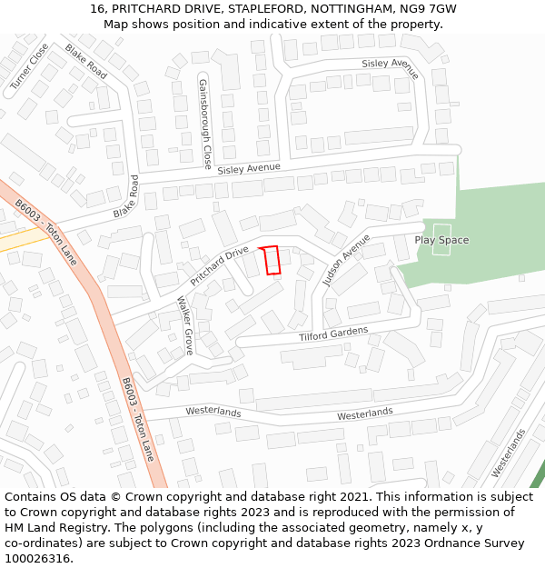 16, PRITCHARD DRIVE, STAPLEFORD, NOTTINGHAM, NG9 7GW: Location map and indicative extent of plot