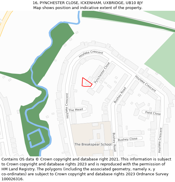 16, PYNCHESTER CLOSE, ICKENHAM, UXBRIDGE, UB10 8JY: Location map and indicative extent of plot