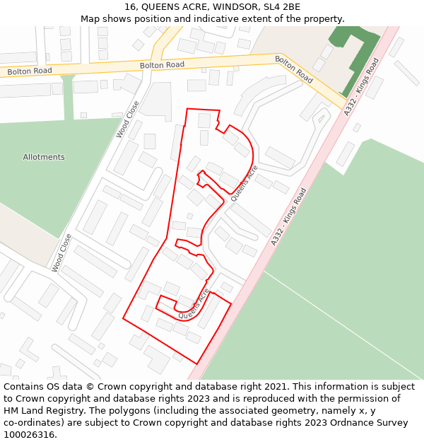 16, QUEENS ACRE, WINDSOR, SL4 2BE: Location map and indicative extent of plot