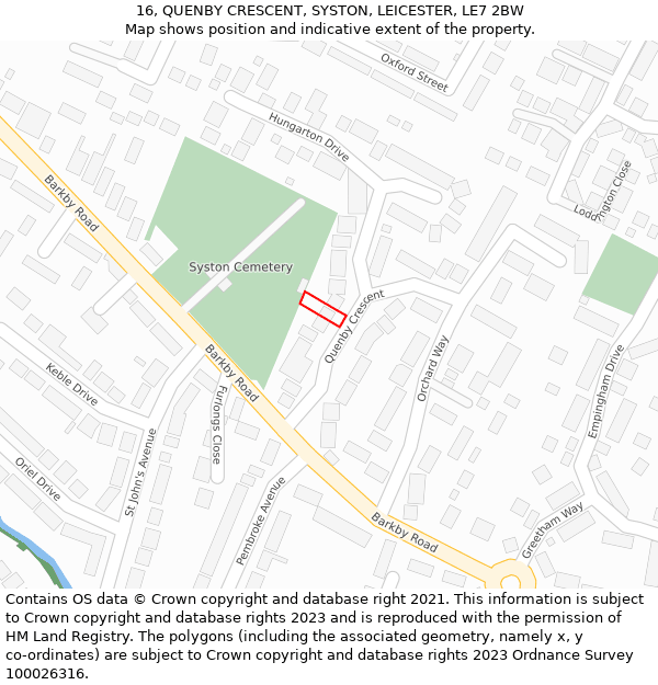 16, QUENBY CRESCENT, SYSTON, LEICESTER, LE7 2BW: Location map and indicative extent of plot