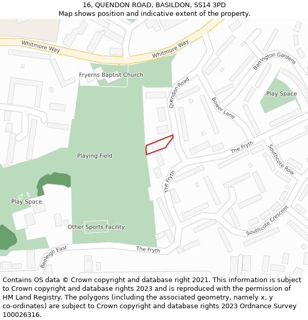16, QUENDON ROAD, BASILDON, SS14 3PD: Location map and indicative extent of plot