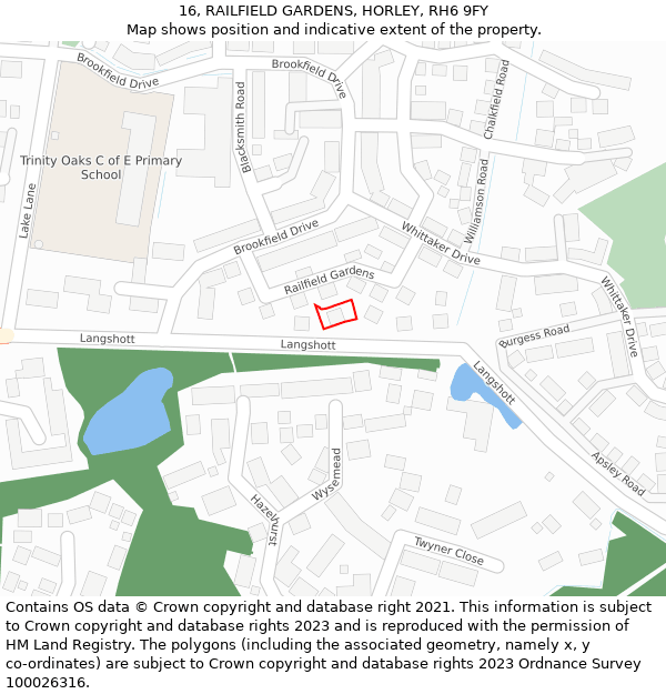16, RAILFIELD GARDENS, HORLEY, RH6 9FY: Location map and indicative extent of plot