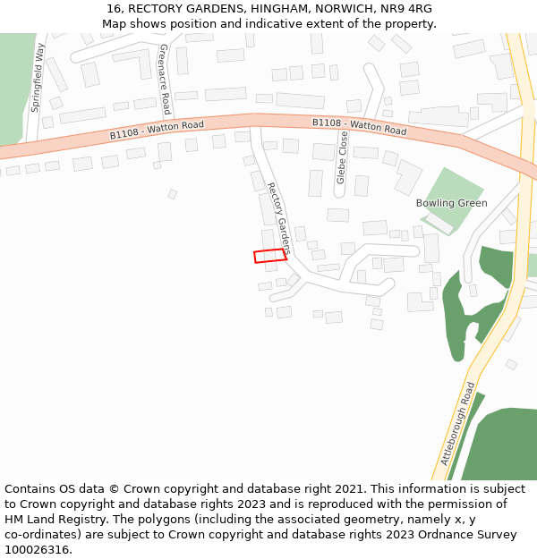 16, RECTORY GARDENS, HINGHAM, NORWICH, NR9 4RG: Location map and indicative extent of plot