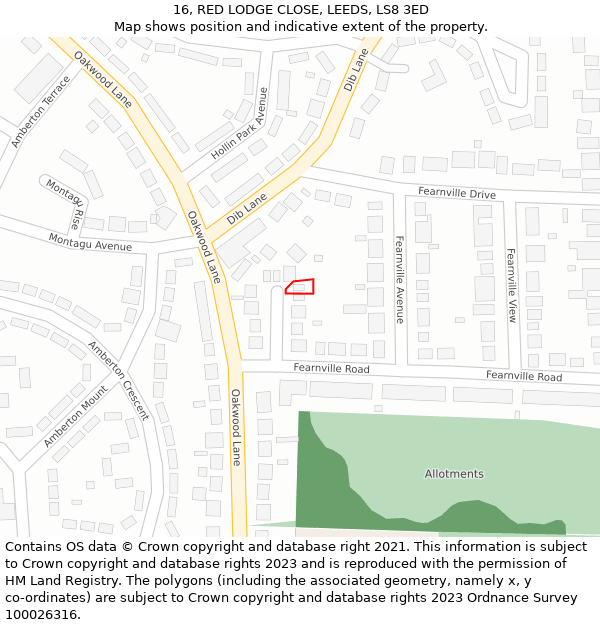 16, RED LODGE CLOSE, LEEDS, LS8 3ED: Location map and indicative extent of plot