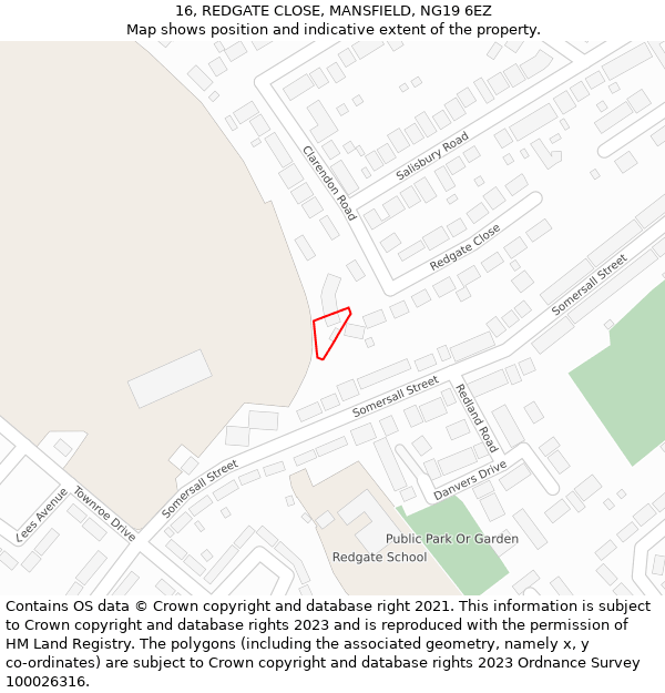 16, REDGATE CLOSE, MANSFIELD, NG19 6EZ: Location map and indicative extent of plot