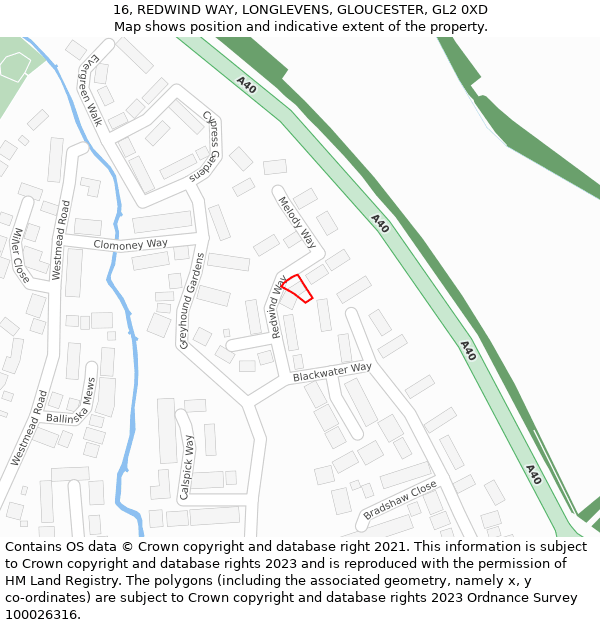 16, REDWIND WAY, LONGLEVENS, GLOUCESTER, GL2 0XD: Location map and indicative extent of plot