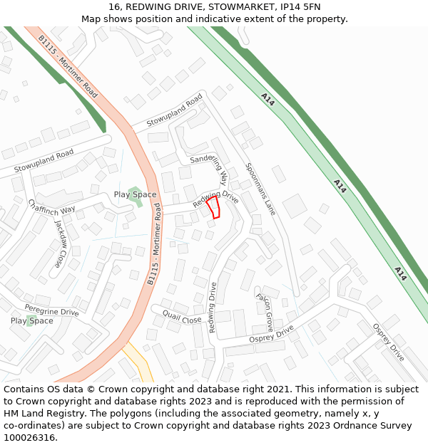 16, REDWING DRIVE, STOWMARKET, IP14 5FN: Location map and indicative extent of plot