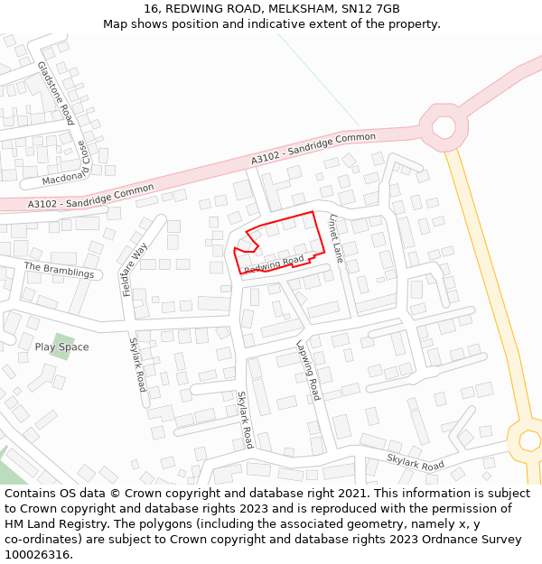 16, REDWING ROAD, MELKSHAM, SN12 7GB: Location map and indicative extent of plot