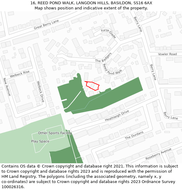 16, REED POND WALK, LANGDON HILLS, BASILDON, SS16 6AX: Location map and indicative extent of plot