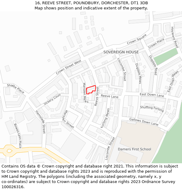 16, REEVE STREET, POUNDBURY, DORCHESTER, DT1 3DB: Location map and indicative extent of plot
