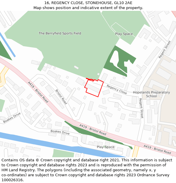 16, REGENCY CLOSE, STONEHOUSE, GL10 2AE: Location map and indicative extent of plot