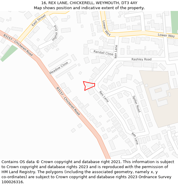 16, REX LANE, CHICKERELL, WEYMOUTH, DT3 4AY: Location map and indicative extent of plot