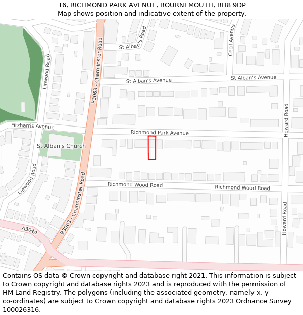 16, RICHMOND PARK AVENUE, BOURNEMOUTH, BH8 9DP: Location map and indicative extent of plot