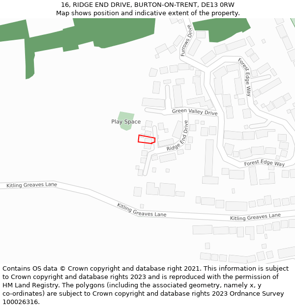 16, RIDGE END DRIVE, BURTON-ON-TRENT, DE13 0RW: Location map and indicative extent of plot