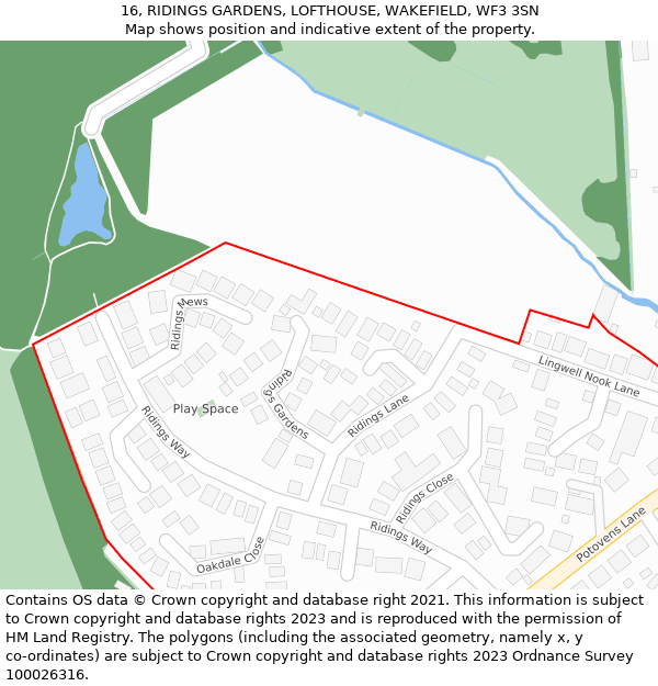 16, RIDINGS GARDENS, LOFTHOUSE, WAKEFIELD, WF3 3SN: Location map and indicative extent of plot