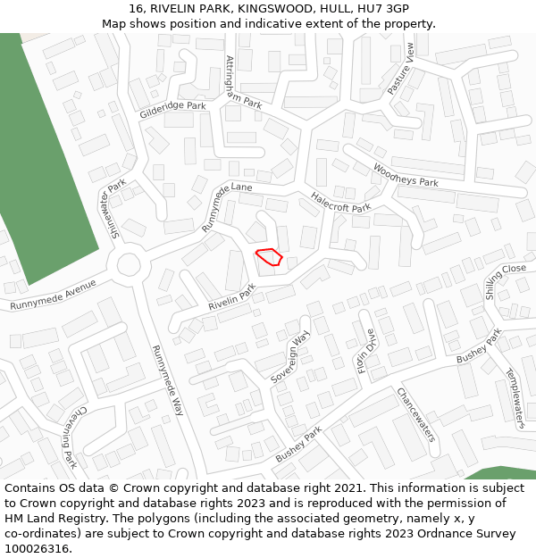16, RIVELIN PARK, KINGSWOOD, HULL, HU7 3GP: Location map and indicative extent of plot