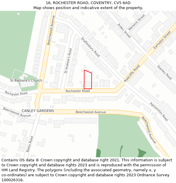 16, ROCHESTER ROAD, COVENTRY, CV5 6AD: Location map and indicative extent of plot