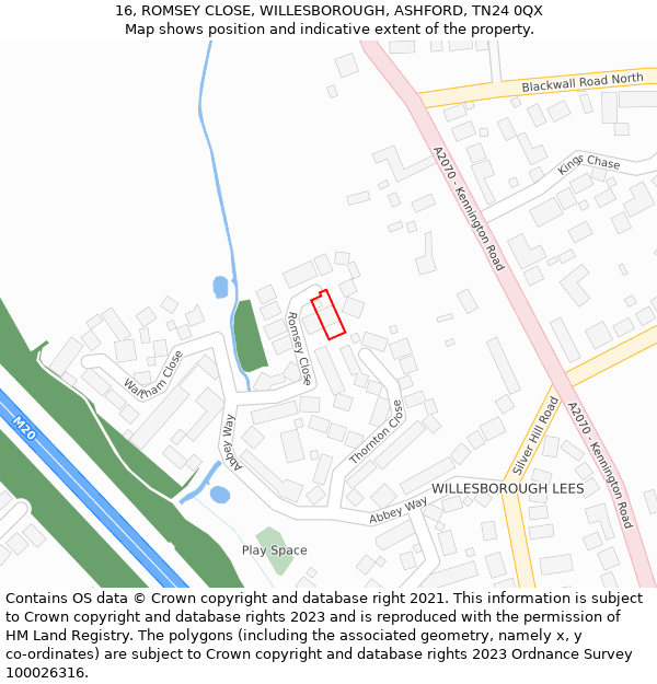 16, ROMSEY CLOSE, WILLESBOROUGH, ASHFORD, TN24 0QX: Location map and indicative extent of plot