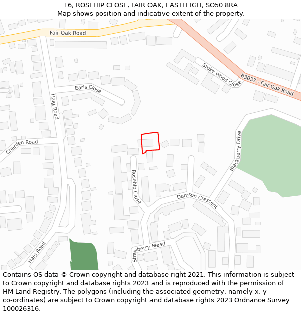 16, ROSEHIP CLOSE, FAIR OAK, EASTLEIGH, SO50 8RA: Location map and indicative extent of plot