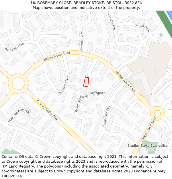 16, ROSEMARY CLOSE, BRADLEY STOKE, BRISTOL, BS32 8EU: Location map and indicative extent of plot