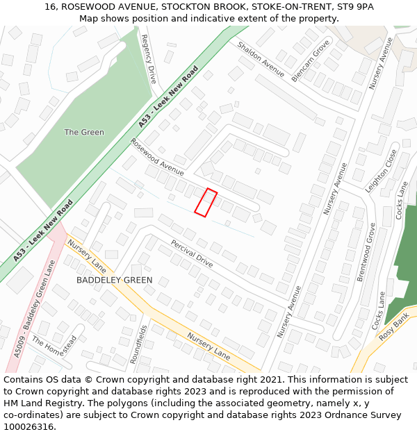 16, ROSEWOOD AVENUE, STOCKTON BROOK, STOKE-ON-TRENT, ST9 9PA: Location map and indicative extent of plot