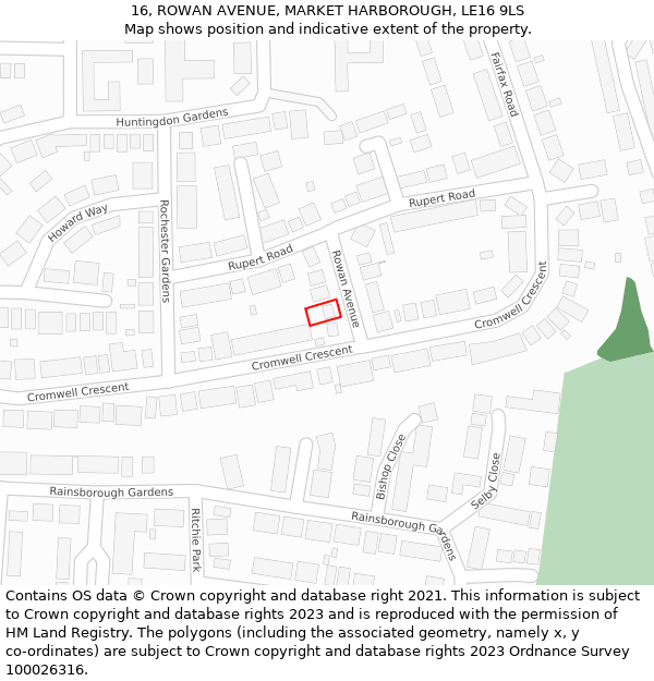 16, ROWAN AVENUE, MARKET HARBOROUGH, LE16 9LS: Location map and indicative extent of plot