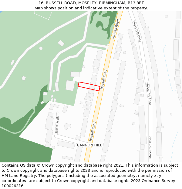 16, RUSSELL ROAD, MOSELEY, BIRMINGHAM, B13 8RE: Location map and indicative extent of plot